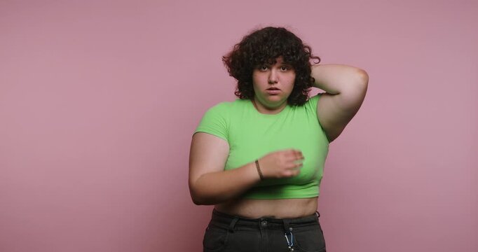 Expression of feelings in four frames with a person in a simple outfit against a pink background