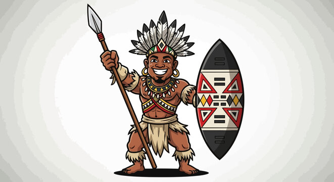 Cartoon african warrior with spear and shield
