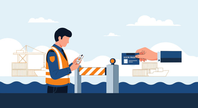 Security Officer Checks Pass at Port Entrance