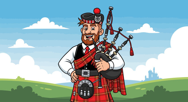 Smiling cartoon Scottish bagpiper in traditional kilt and hat