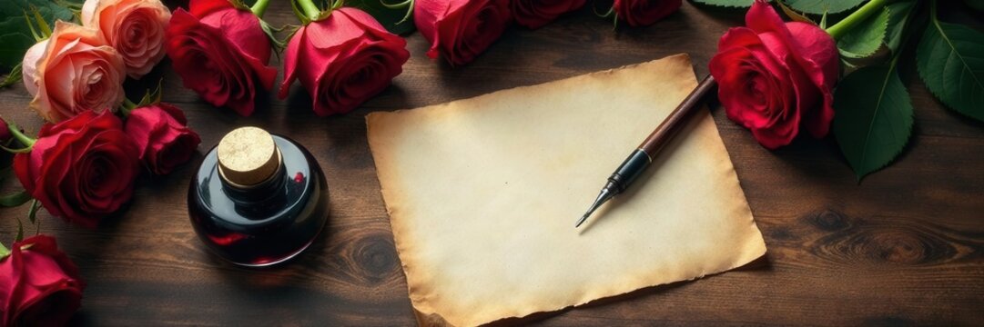 Aged wood desk, dried roses, inkwell, quill pen, note, old, elegant