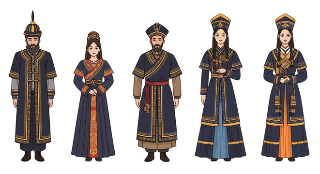 Traditional Asian royalty and nobility in ornate costumes