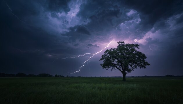 This is an image of a lightning bolt hitting a tree in the middle of a field
