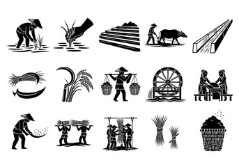 Obraz premium Collection of Asian agricultural farming icons depicting rice cultivation, harvesting, and rural life scenes