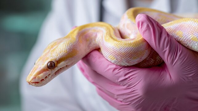 Exotic yellow and white python snake carefully handled by a professional wearing protective pink medical gloves in a controlled environment