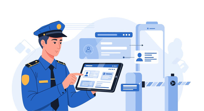 Security Guard with Tablet Checking Digital Records and Access Control System