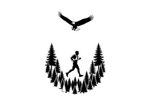 Runner with Backpack Pursued by an Eagle in a Circular Forest Silhouette