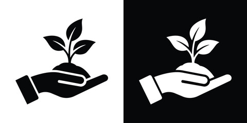 Hand holding a growing plant seedling icon set. Black and white minimalist vector graphics representing environmental care, nature protection, agriculture support, and ecological charity. © bibin