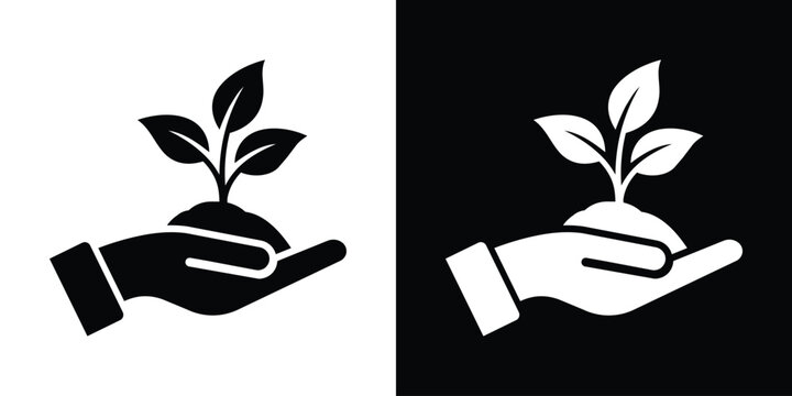 Hand holding a growing plant seedling icon set. Black and white minimalist vector graphics representing environmental care, nature protection, agriculture support, and ecological charity.