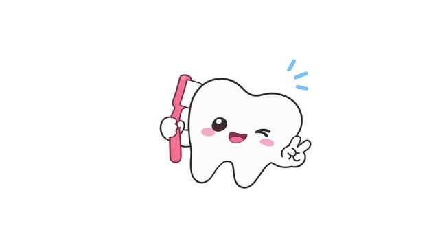 Tooth cartoon character animation holding a pink toothbrush and showing a peace sign on white background