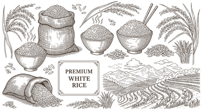 Vintage illustration of premium white rice, harvested from terraced fields, presented in bowls and bags