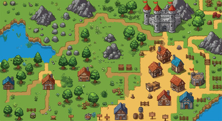 Fototapeta premium Pixel art medieval fantasy world map, retro 16-bit video game landscape with castle and village, isometric RPG game assets vector