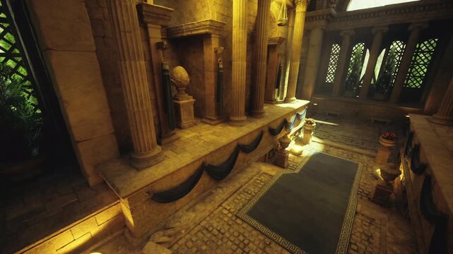 golden ritual corridor with lined lions and glowing lamps, ceremonial route bathed in warm light, tradition and heritage mood, performer preparing procession