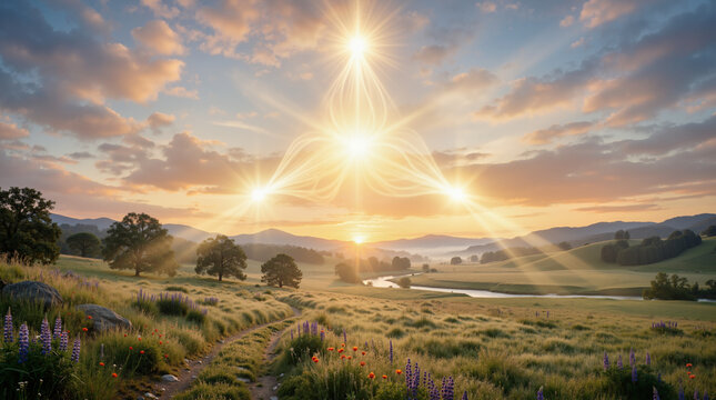 Trinity Sunday concept with glowing light formation over a rural landscape. Religious symbolism of the holy trinity in a sunrise meadow