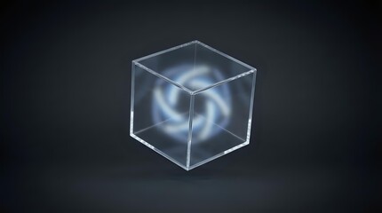 Fototapeta premium Transparent glass cube with glowing blue swirling energy vortex inside, isolated on dark background for design and digital projects.