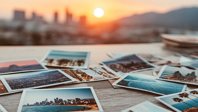 Stacked vacation photos on a table with city skyline sunset