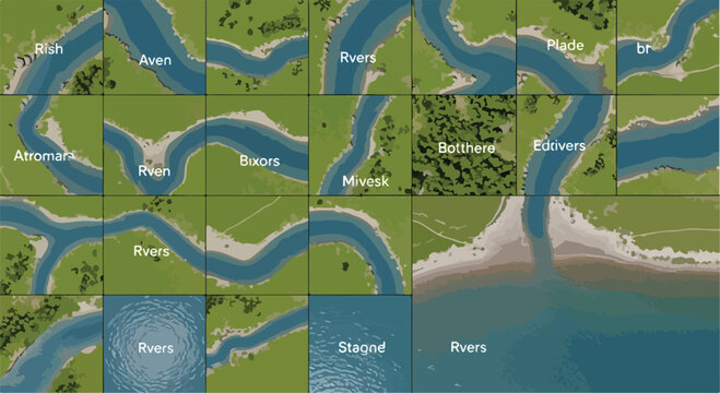 Topographic map river tiles set, modular landscape vector elements for game design, aerial view stream and coastline map creator kit