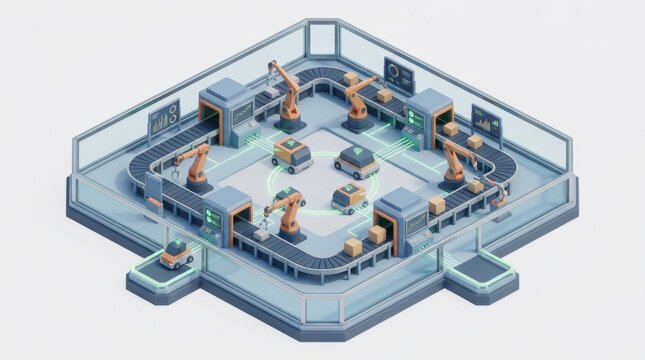 Connected production line, Smart Factory System Concept, isolated on white background