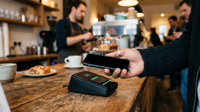 A person using a mobile phone to make a payment at a restaurant counter with a barista and customers in the background.