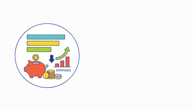 Financial planning concept with piggy bank, coins, rising graph and decreasing expenses icon