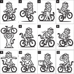 Obraz premium Children Learning to Ride Bicycles with Training Wheels in Sequential Cartoon Style