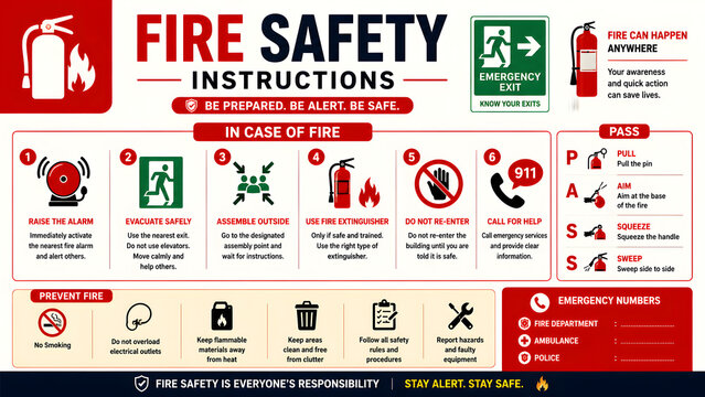 A versatile set of flat Fire Safety Instructions infographic design elements and business template icons for web, computer information layout, and website banner illustration