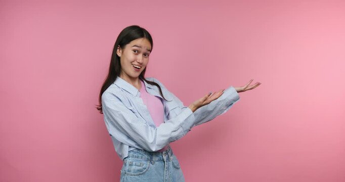 Woman shows multiple expressions while presenting on a pink background