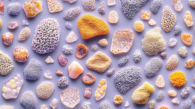 Close-up view of assorted colorful powdered spices and herbs scattered on light background