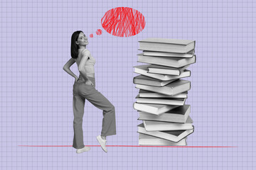 Obraz premium Poster photo full sketch collage of happy student girl stand book stack education concept drawing bubble chat bookworm hobby