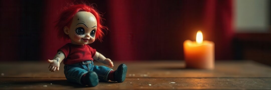 Close-up, voodoo doll pierced, candlelight, wooden table, candle, eerie