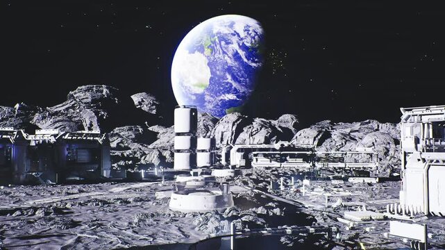 Moon base under blue Earth backdrop, modular habitats and domes clustered along crater rim, solar arrays and antenna towers, robotic rovers traversing regolith,