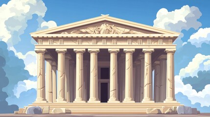 Fototapeta premium Cartoon temple with symmetrical columns under a blue, cloudy sky in pixelated style