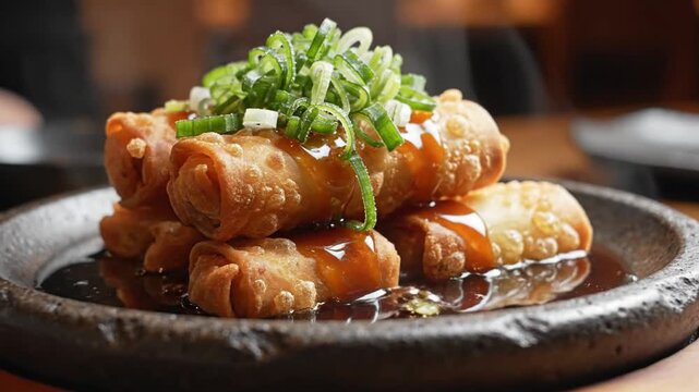 Crispy fried spring rolls topped with green onions and sweet sauce on a stone plate in a restaurant setting