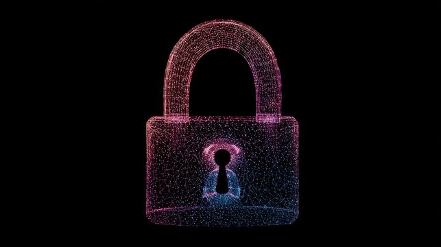 Glowing digital padlock formed by particles on black