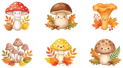 Fototapeta premium cute cartoon mushrooms with faces and autumn leaves watercolor clipart set