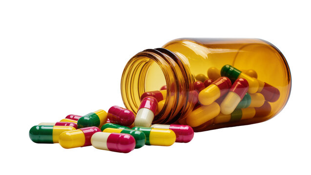 Amber medicine bottle spilling colorful capsules and pills