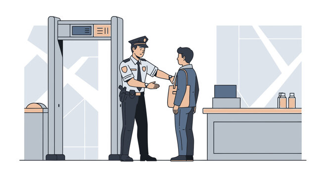 Security Guard Screening Person at Metal Detector Gate