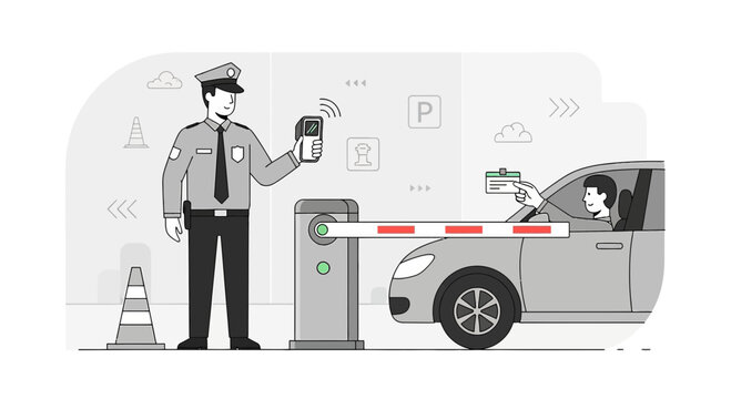 Security guard scanning access card at automated parking gate for car