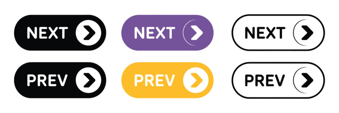 Previous and Next Navigation Buttons Vector Collection, Modern Web Page Arrow Icons, Navigation Controls, Interface Elements for Website and Application Design 