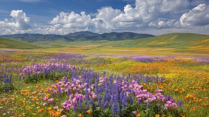 Obraz premium Vibrant, rolling hills carpeted in a riot of colorful wildflowers