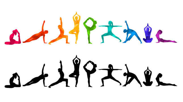 Yoga poses collection with colorful watercolor and black silhouettes