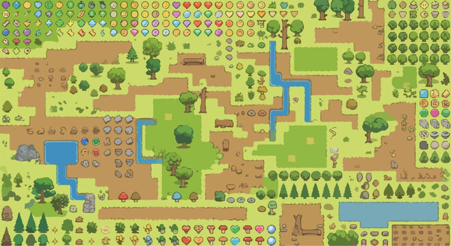 Pixel art game assets tile set, retro 8-bit forest and meadow landscape map, vintage video game environment elements for level design