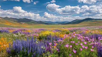 Obraz premium Vibrant wildflower meadow with rolling hills under a blue, cloudy sky