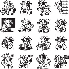 Naklejka premium Cartoon cow detective character set, 16 black and white vector icons, funny bovine private investigator mascot in various poses and emotions