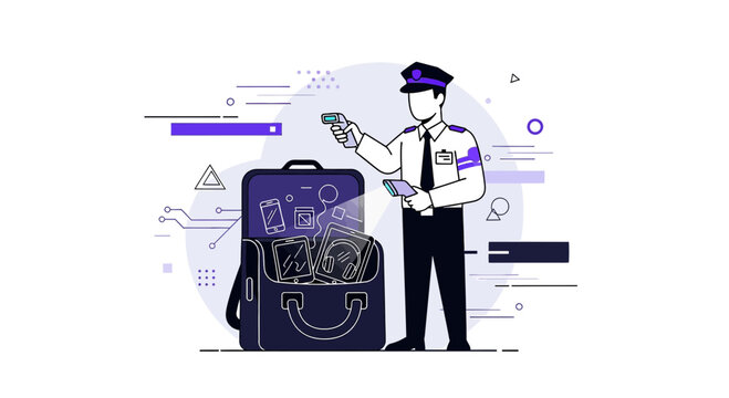 Airport Security guard checking luggage with scanner, travel concept illustration
