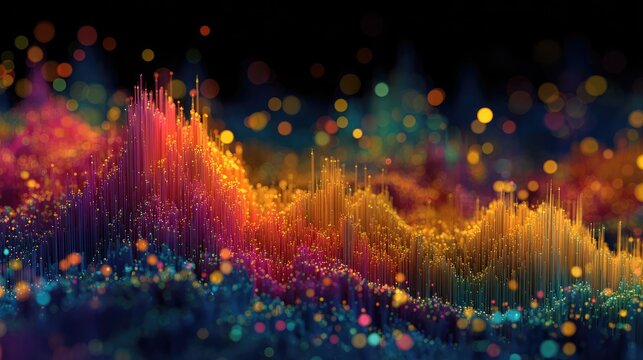 Vibrant, glowing, abstract digital landscape of sound waves