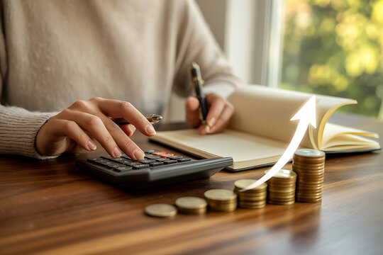 Person calculating finances with coins and growth arrow on desk accounting analysis
