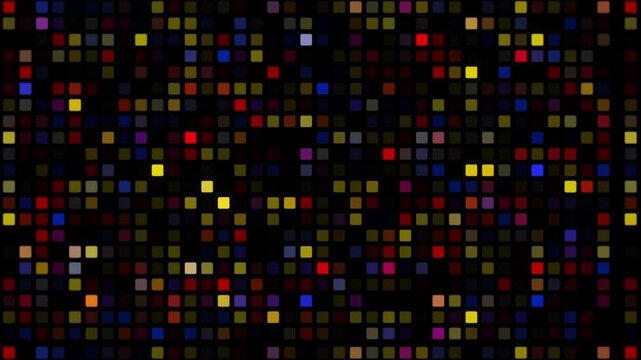 Abstract digital background featuring a grid of colorful flickering square pixels with vibrant glowing lights in red blue and yellow on a dark black background for motion graphics
