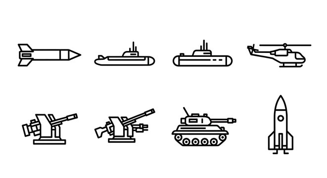 Set of eight military and transportation icons