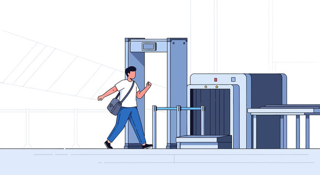 Airport Security Checkpoint with Man Walking Through Metal Detector